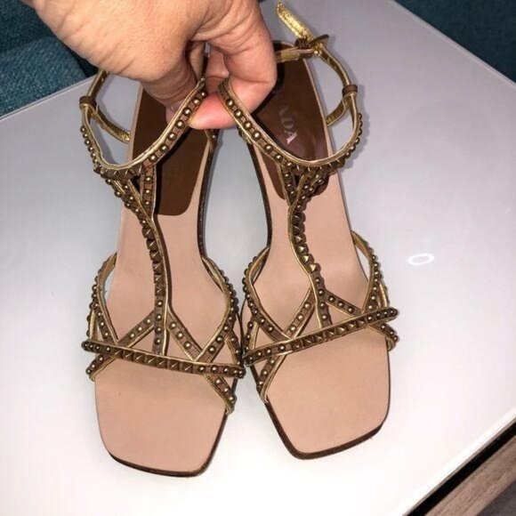 Prada Sandals Womens Size 8.5 Gold Studded Square Toe Brown Buckle Stiletto - Picture 6 of 9